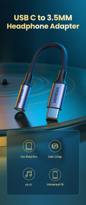 80154 Кабель UGREEN AV161 USB Type C - 3.5mm аудио, оплетка, алюминий, 0.1M можно капить на ugreen.by